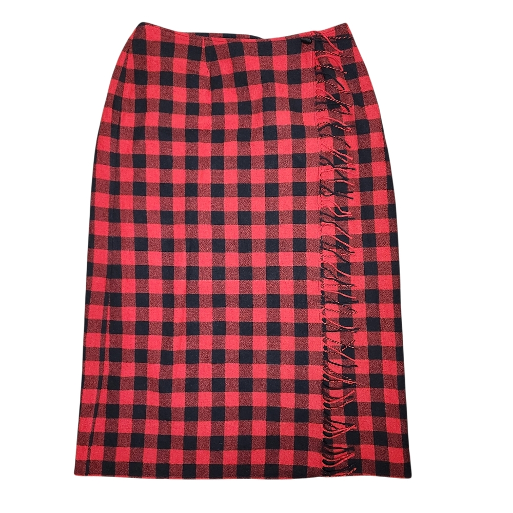 Vintage 90s Liz Claiborne Wool Wrap Midi Skirt Buffalo Check Red Grunge Cabin 18